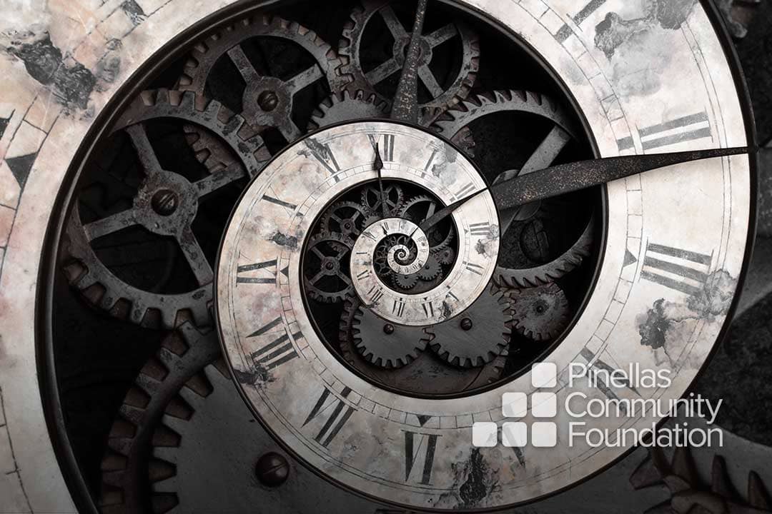 Abstract spiraling clock shows eternal wait for inspiration.