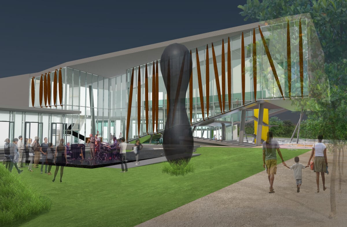 A rendering of the new Woodson Museum hosting a musical event on the veranda. Courtesy of Huff + Gooden and WJArchitects.