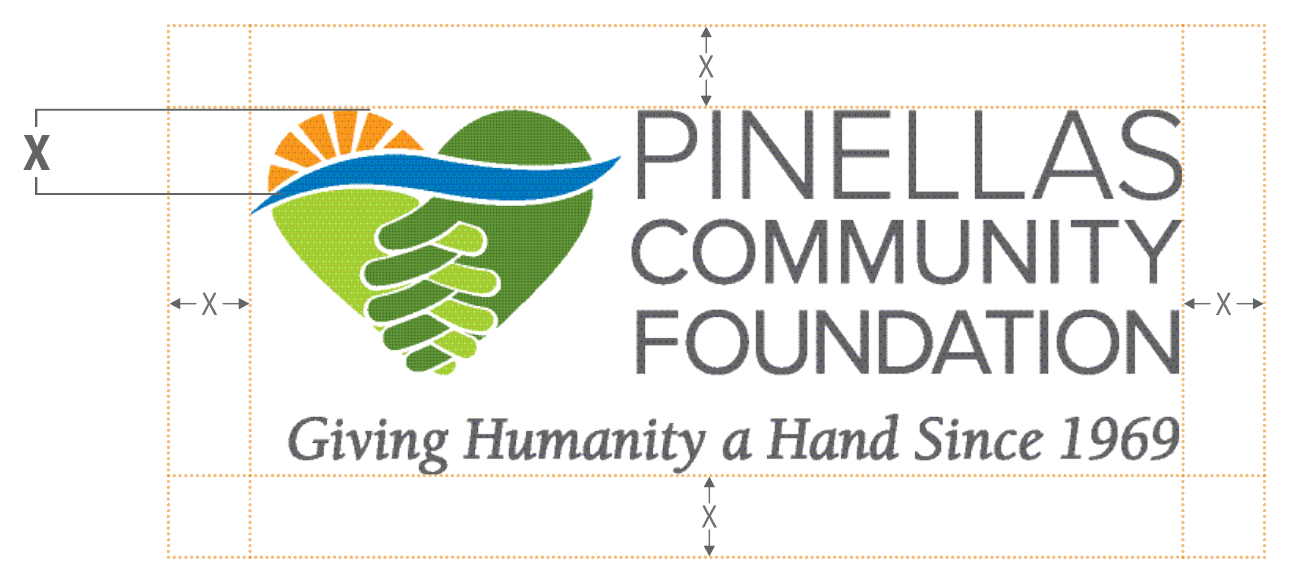 Pinellas Community Foundation logo diagram with minimum clear/buffer zones.