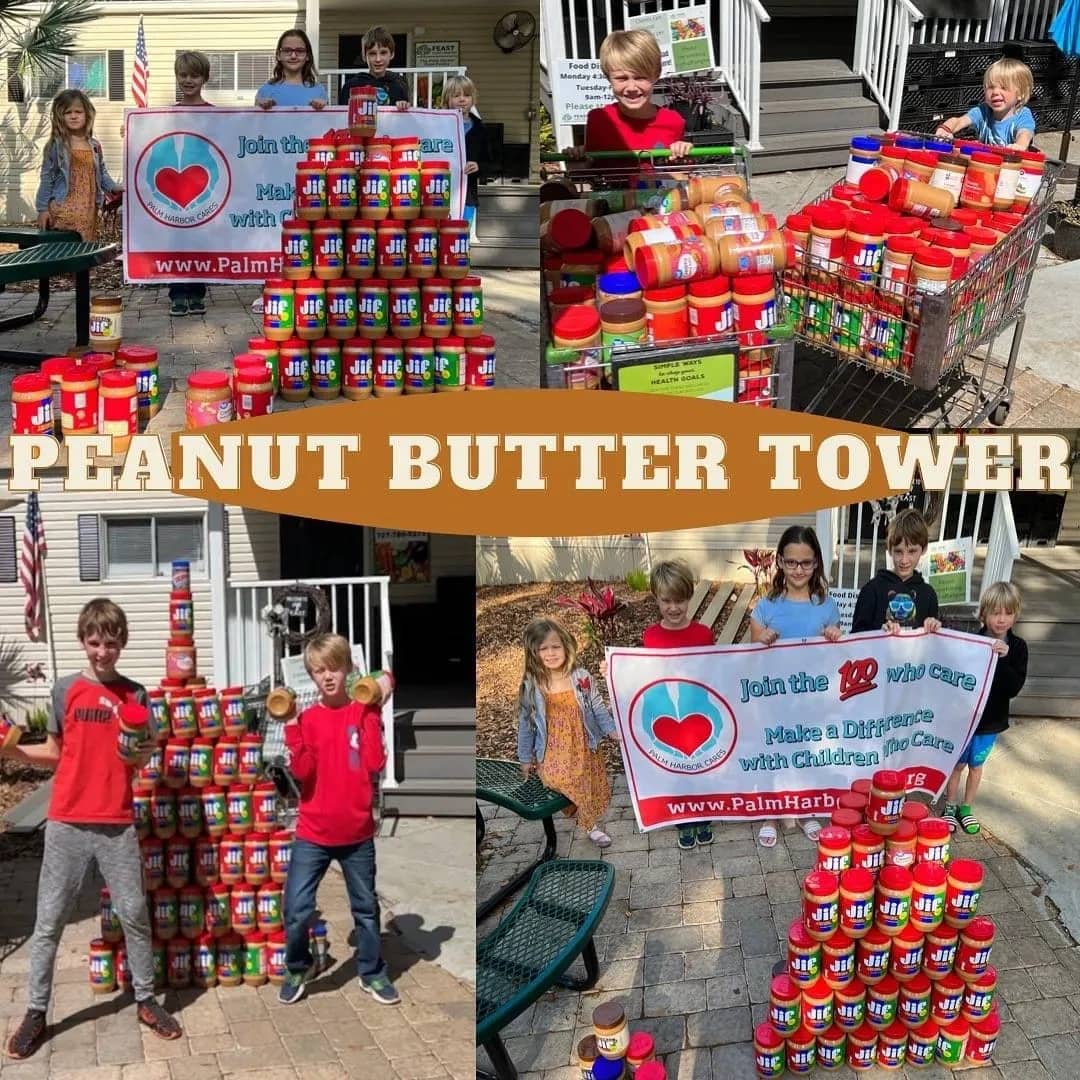 The Peanut Butter Tower was a Children Who Care project in which participants built a tower of peanut butter jars to raise funds, collect more peanut butter, and spread awareness about food insecurity in Pinellas County.